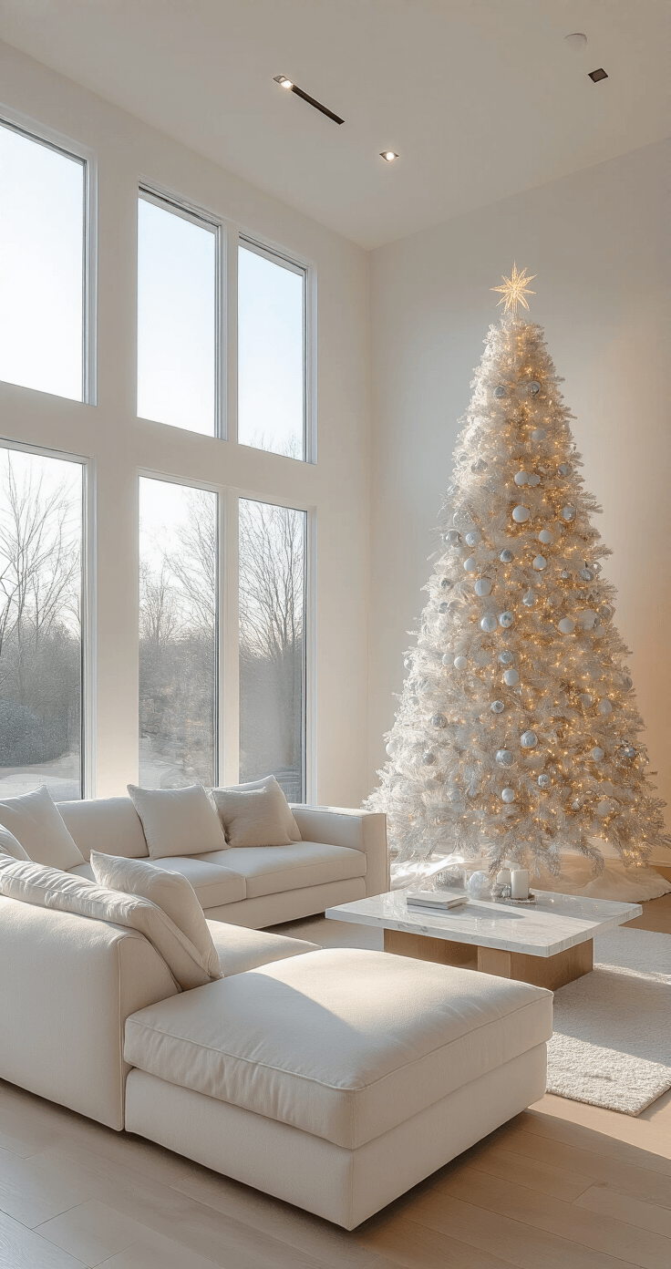 White Christmas Tree Styling: Your Ultimate Modern Holiday Decor Guide A modern minimalist living room featuring a slim white Christmas tree decorated with silver and crystal ornaments, illuminated by warm LED lights, with early morning light streaming through large windows. The room includes a plush cream sectional and a marble coffee table, all set against white oak flooring, while the camera captures a dreamy bokeh effect.