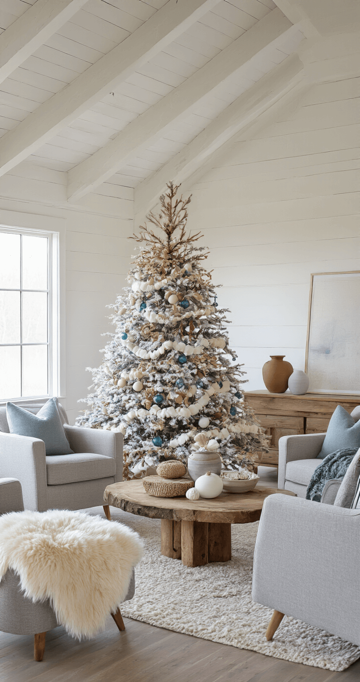 White Christmas Tree Styling: Your Ultimate Modern Holiday Decor Guide A spacious Scandinavian-style open concept room featuring exposed white beams, late afternoon golden hour light, a centered 9ft flocked white Christmas tree decorated with natural wood ornaments, soft blue glass balls, and white felt garlands. Surrounding are light gray wool armchairs, a raw wood console, sheepskin throws, and rustic ceramic pottery, captured with a wide-angle lens from a slight elevation.
