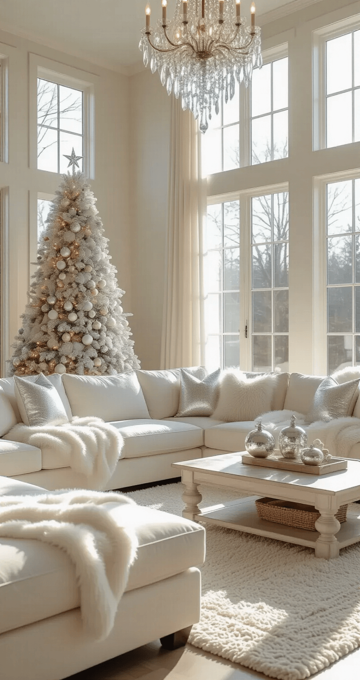 Creating a Magical White Christmas Decor: Your Ultimate Styling Guide A spacious living room filled with soft morning light features a flocked white Christmas tree with mercury glass ornaments, a plush cream sectional with ivory throws and silver pillows, layered rugs, a crystal chandelier, and vintage glass vessels on a weathered coffee table, all captured from the entrance.
