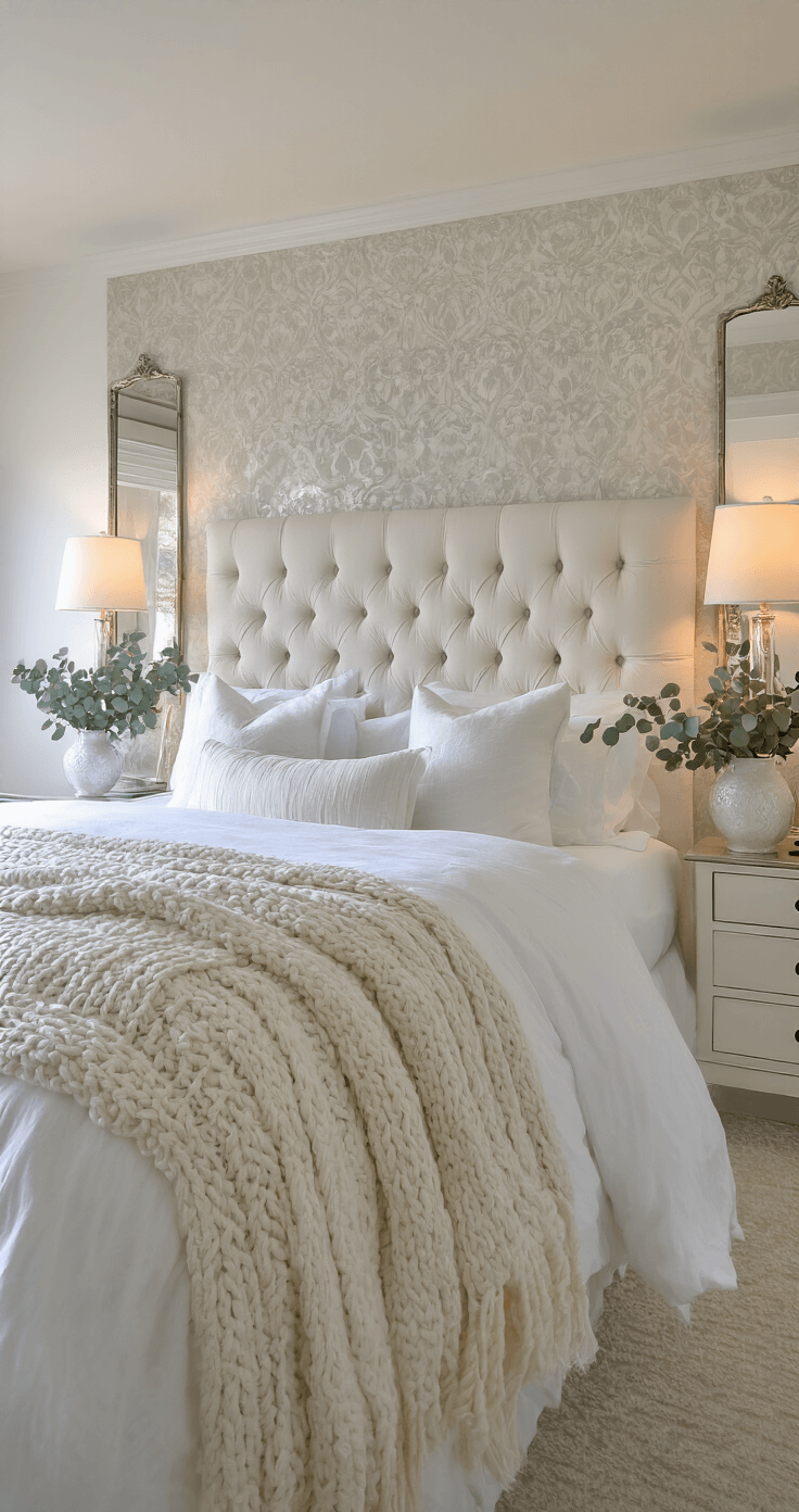 Creating a Magical White Christmas Decor: Your Ultimate Styling Guide Intimate master bedroom at golden hour featuring dove-white walls, tufted ivory headboard with hotel-white linens, antique silver mirrors, and warm light from mercury glass lamps. White ceramic vases with frosted eucalyptus add height, while a metallic wallpaper accent wall catches light. Shot from a low corner angle to highlight ceiling height and multiple light sources for a warm atmosphere.