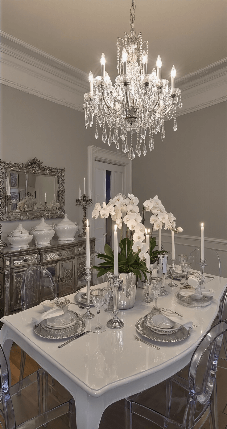 Creating a Magical White Christmas Decor: Your Ultimate Styling Guide Elegant dining room at dusk featuring a glossy white lacquered table set with mercury glass chargers and tall white taper candles, illuminated by a crystal-draped chandelier. Ghost chairs contrast with traditional molding, while white orchids in silver vessels serve as a dramatic centerpiece. An antiqued mirror buffet displays white ceramics and metallic accents, captured at table height with shallow depth of field.