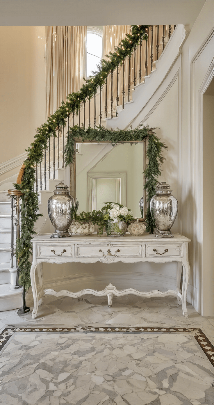 Creating a Magical White Christmas Decor: Your Ultimate Styling Guide A symmetrical entry foyer featuring a vintage French console in distressed white, oversized mercury glass lanterns, a flocked garland on a curved staircase, and an oversized antiqued mirror, all illuminated by afternoon light on marble floors with an intricate inlay pattern.