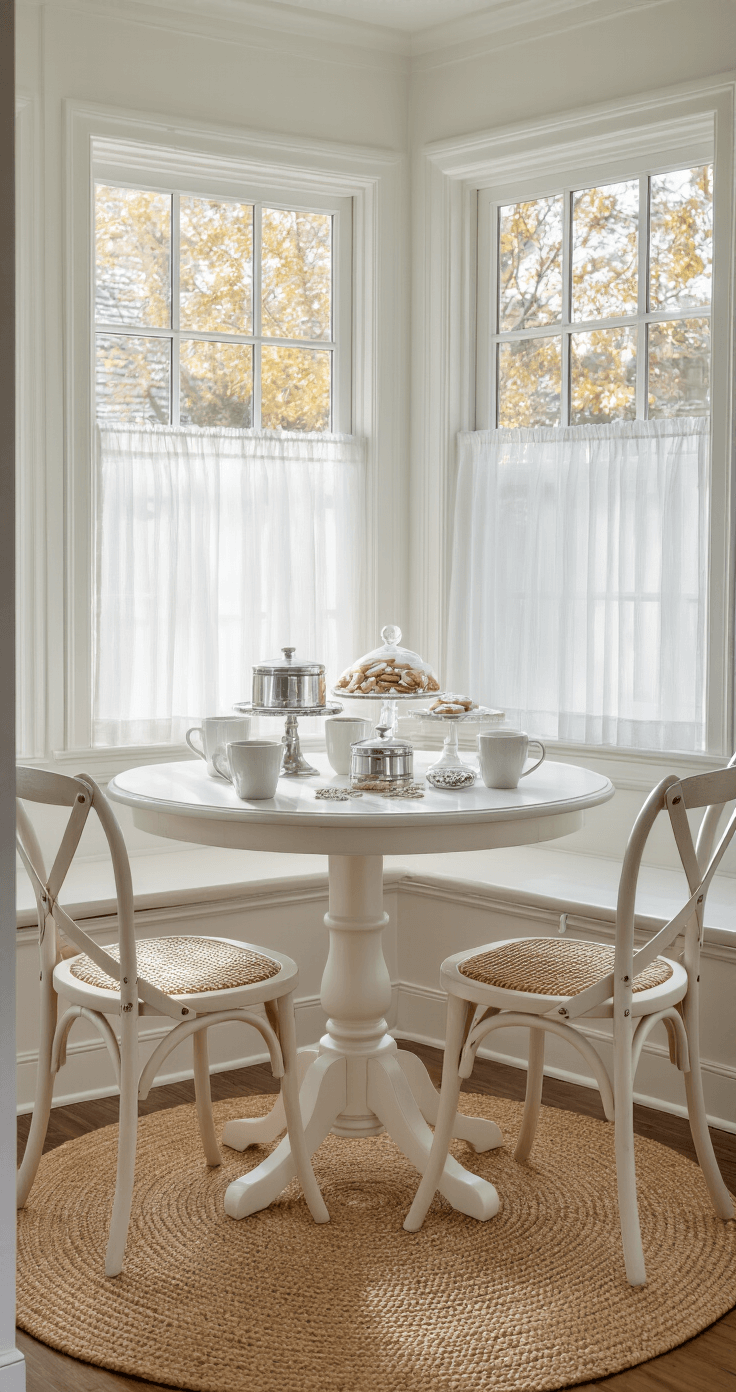Creating a Magical White Christmas Decor: Your Ultimate Styling Guide Cozy breakfast nook with golden light filtering through sheer white curtains, a round pedestal table adorned with steaming white mugs, crystal cake stands of snowflake cookies, and whitewashed bentwood chairs on a bleached jute rug.