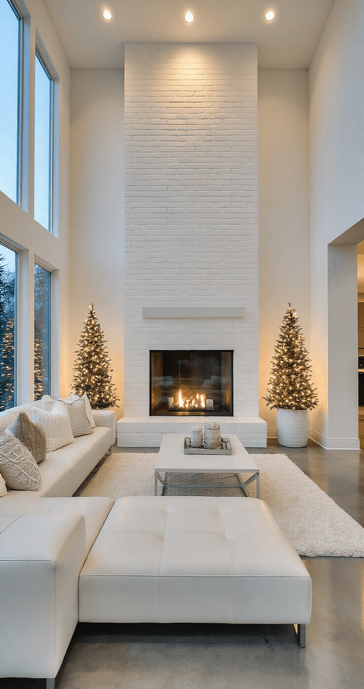 Creating a Magical White Christmas Decor: Your Ultimate Styling Guide Contemporary great room at twilight featuring a modern white brick fireplace, oversized white leather sectional with cream knits and metallic pillows, flocked trees in white planters with warm lights, and polished concrete floors, captured from a corner angle to showcase the spacious design.