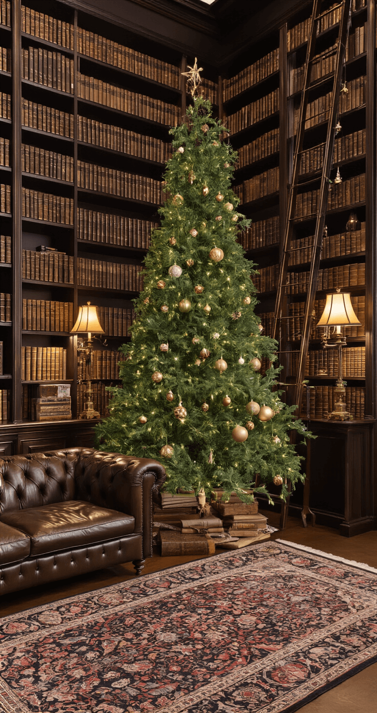 Nostalgic Charm: How to Create the Perfect Vintage Christmas Tree A sophisticated library with floor-to-ceiling bookshelves, featuring a classic green tree adorned with gold-themed vintage ornaments and tinsel, captured at blue hour with a Dutch angle. An antique brass ladder and a leather Chesterfield sofa add to the moody, intimate atmosphere created by period-correct table lamps, all anchored on a rich jewel-toned oriental rug.