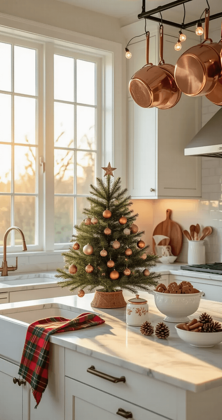 Magical Christmas Kitchen Decor: Transform Your Cooking Space into a Festive Wonderland Cozy modern kitchen at dawn featuring white shaker cabinets, marble countertops, a small Christmas tree, plaid tea towels, hanging copper pots with LED lights, and a vintage cookie jar, all illuminated by warm morning light.