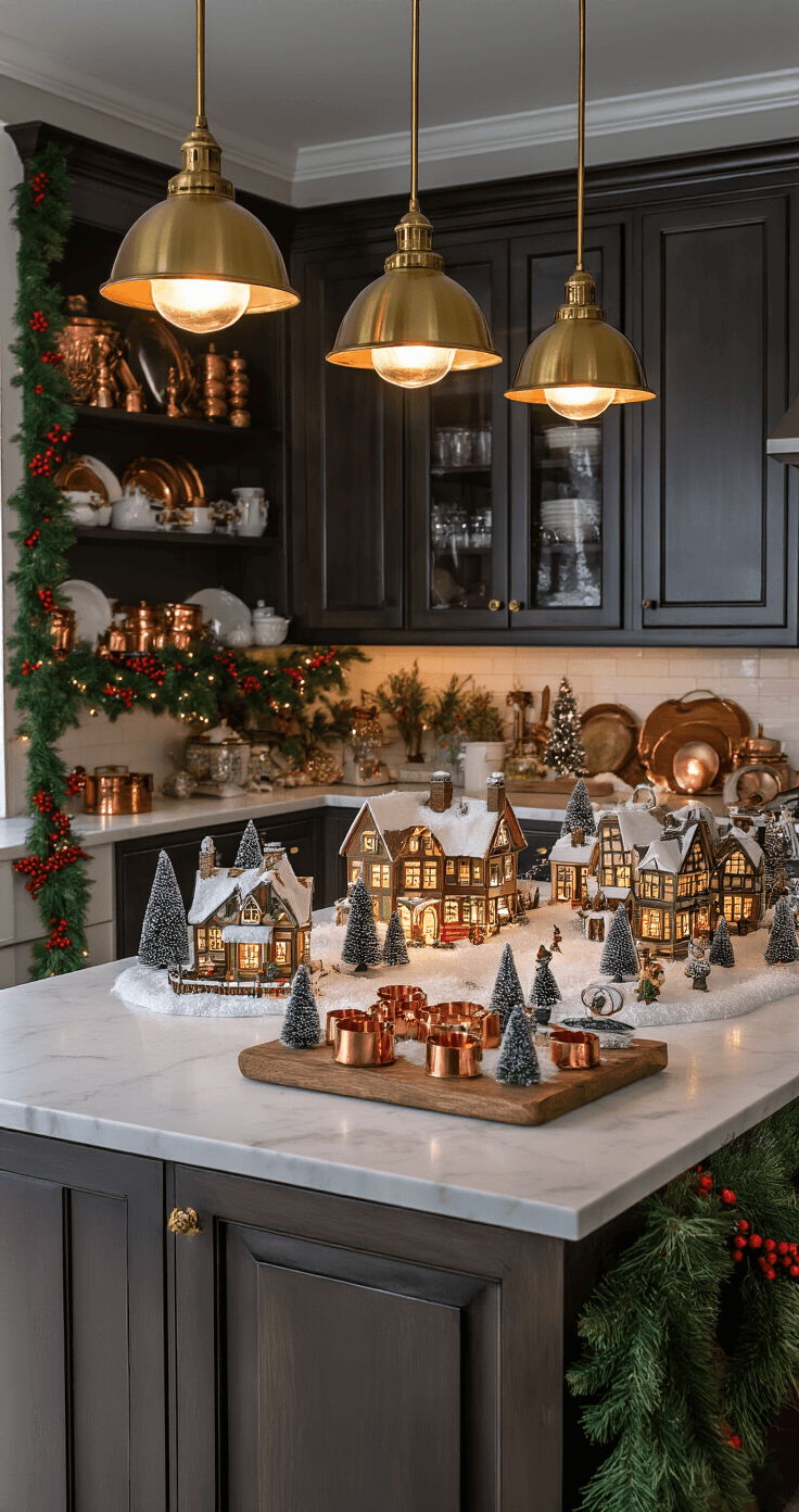 Magical Christmas Kitchen Decor: Transform Your Cooking Space into a Festive Wonderland Evening kitchen scene showcasing a traditional 12x15ft space with dark wood cabinets, a white marble island adorned with a Christmas village display, vintage copper cookie cutters on an aged wooden board, and forest green garland on open shelving, all illuminated by warm brass pendant lights.