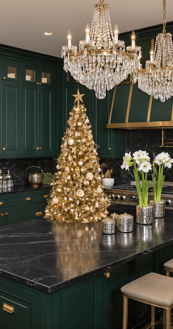 Magical Christmas Kitchen Decor: Transform Your Cooking Space into a Festive Wonderland A luxurious chef's kitchen at dusk with dark emerald green cabinets, brass hardware, black marble countertops, and crystal chandeliers. A slim gold Christmas tree with vintage ornaments sits on the island, surrounded by mercury glass containers filled with white amaryllis blooms.