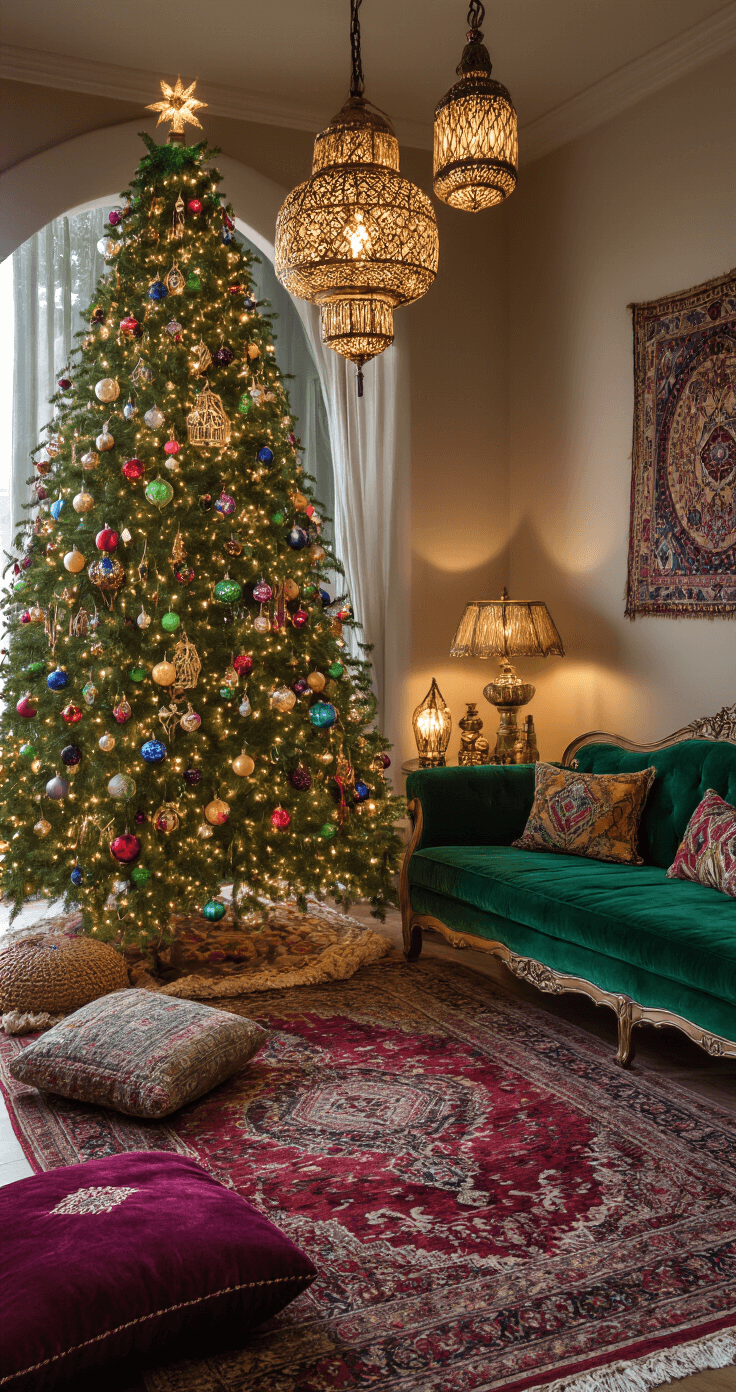 DIY Christmas Decor: Transform Your Home with Budget-Friendly Festive Magic Eclectic boho living area at dusk featuring an 8ft Christmas tree adorned with colorful ornaments, surrounded by layered Persian rugs, floor cushions, and a vintage emerald green velvet sofa; dramatic pendant lighting and brass lanterns create intricate shadows, enhancing the warm, intimate atmosphere filled with rich jewel tones and global textiles.