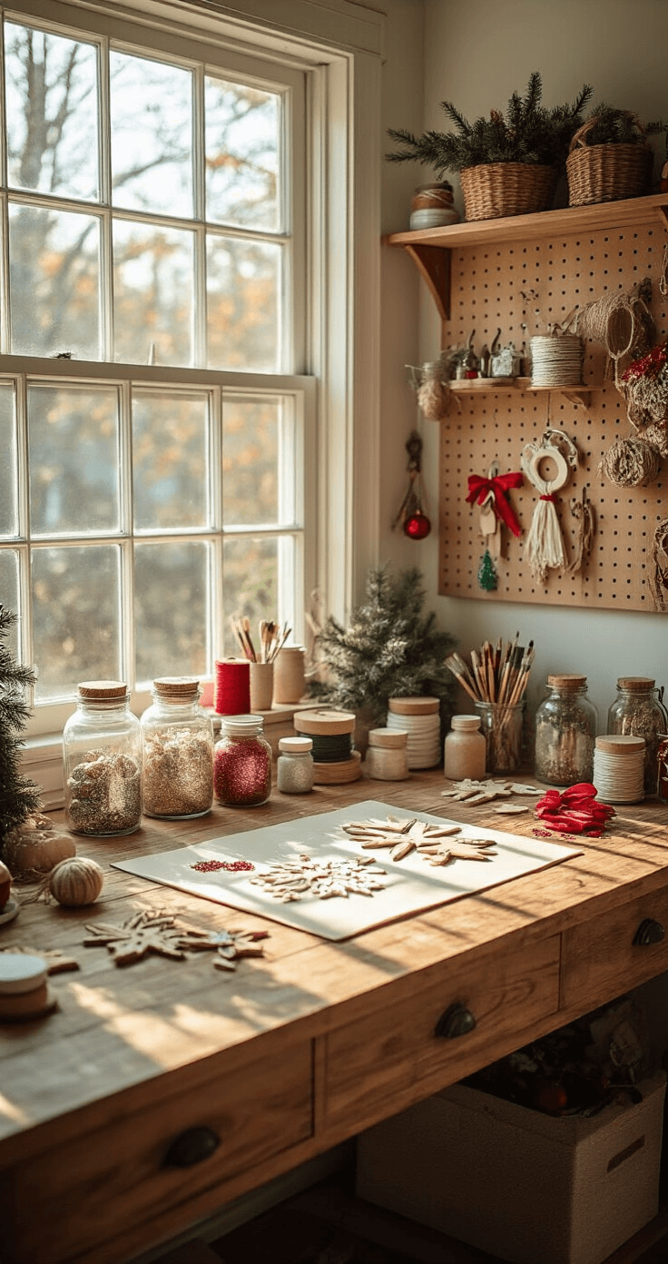 DIY Christmas Decor: Transform Your Home with Budget-Friendly Festive Magic A cozy craft room filled with morning light, featuring a wooden workspace with raw ornament blanks, paint supplies, and glitter, alongside vintage apothecary jars of ribbons. A pegboard wall organizes tools, captured from a 45-degree angle to highlight textures in a neutral palette with festive red and green accents.