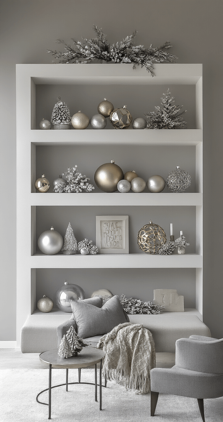 DIY Christmas Decor: Transform Your Home with Budget-Friendly Festive Magic Modern great room featuring a three-tier focal wall display with Christmas decor in odd numbers, including mixed metallic ornaments, geometric sculptures, and winter botanicals on floating shelves. The minimalist furniture in grey upholstery complements the bright natural light and monochromatic palette with silver and gold accents.