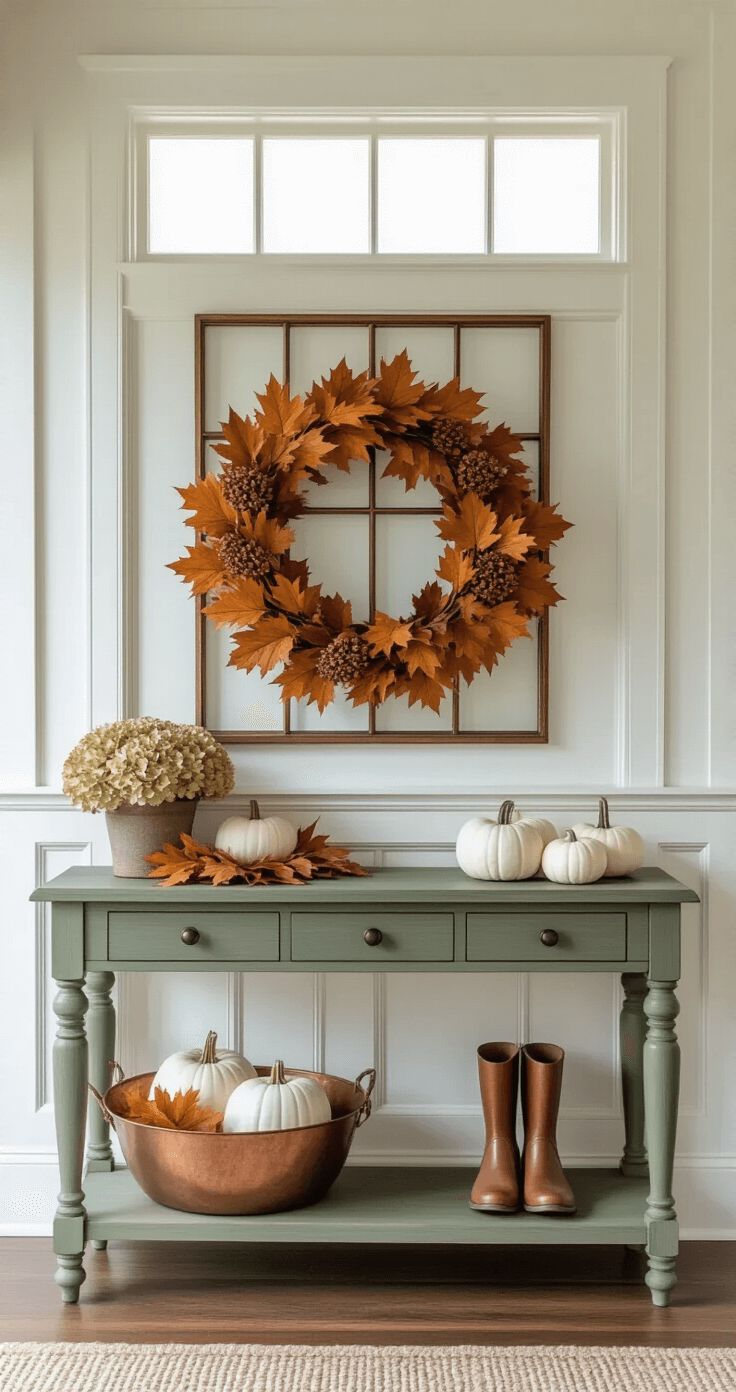 Fall Home Decor: Transform Your Space into a Cozy Autumn Haven Welcoming autumn in an intimate foyer featuring a vintage sage green console table, oversized copper-toned mirror, and an autumn wreath, complemented by white pumpkins and fallen leaves on a weathered copper boot tray.