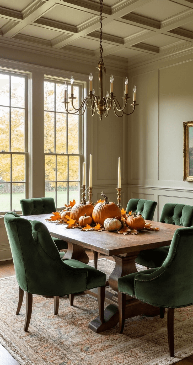 Fall Home Decor: Transform Your Space into a Cozy Autumn Haven A formal dining room featuring a large oak table adorned with heirloom pumpkins, brass candlesticks, and autumn leaves, surrounded by deep forest green velvet chairs under a vintage brass chandelier, all bathed in warm afternoon light.