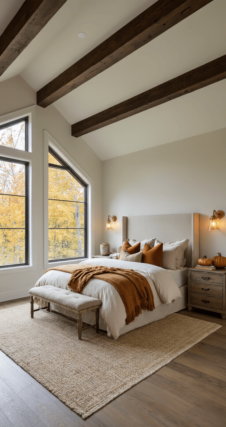 Fall Home Decor: Transform Your Space into a Cozy Autumn Haven Spacious cozy master bedroom with vaulted ceiling and dark wood beams, featuring a king bed in warm ivory and taupe linens, brass sconces, and autumn-themed decor.