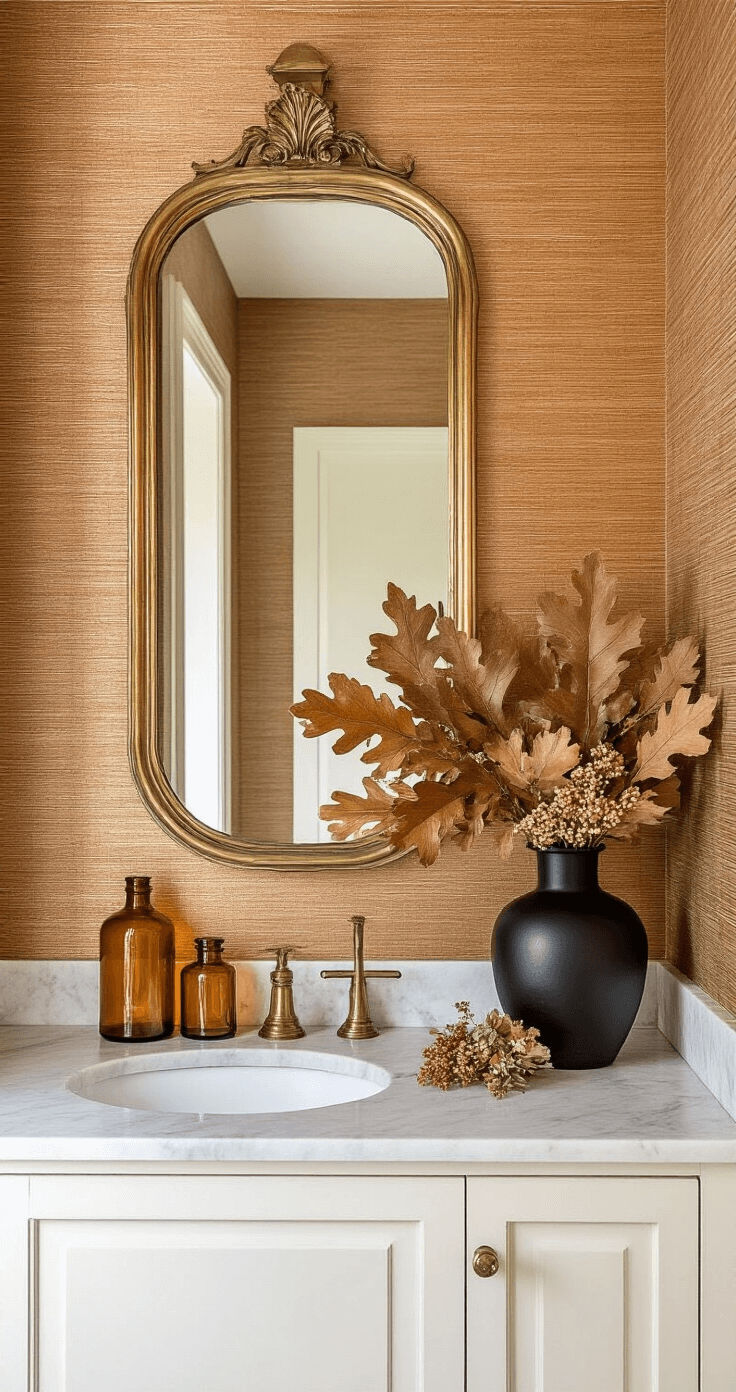 Fall Home Decor: Transform Your Space into a Cozy Autumn Haven A cozy 6x8ft powder room featuring warm copper grasscloth wallpaper, a vintage brass mirror, preserved oak leaves in a matte black vessel, and an elegant marble-topped vanity adorned with amber glass apothecary jars and dried florals, all illuminated with soft side lighting.