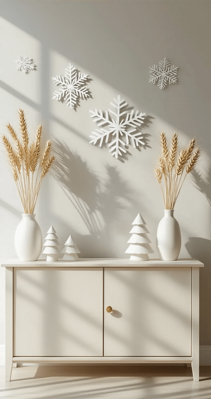 DIY Christmas Decor: Create Magical Holiday Spaces on a Budget Minimalist dining room sideboard adorned with architectural book pages, delicate paper snowflakes, and rolled paper trees casting shadows on light gray walls. Flanked by white ceramic vases holding dried wheat stalks, the scene is captured in soft mid-morning light with a neutral palette of cream, white, pale gray, and subtle gold accents, emphasizing the textures and dimensions of the paper decor.