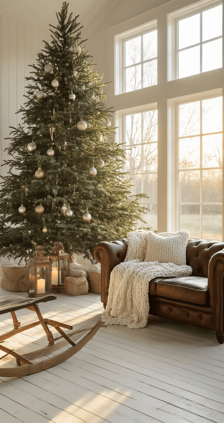 Farmhouse Christmas Decor: Create a Cozy, Vintage-Inspired Holiday Haven A spacious farmhouse living room bathed in golden hour light, featuring a tall pine tree with vintage ornaments, a leather Chesterfield sofa with chunky knit throws, and warm accents like brass lanterns and a wooden sled, creating a cozy and nostalgic atmosphere.