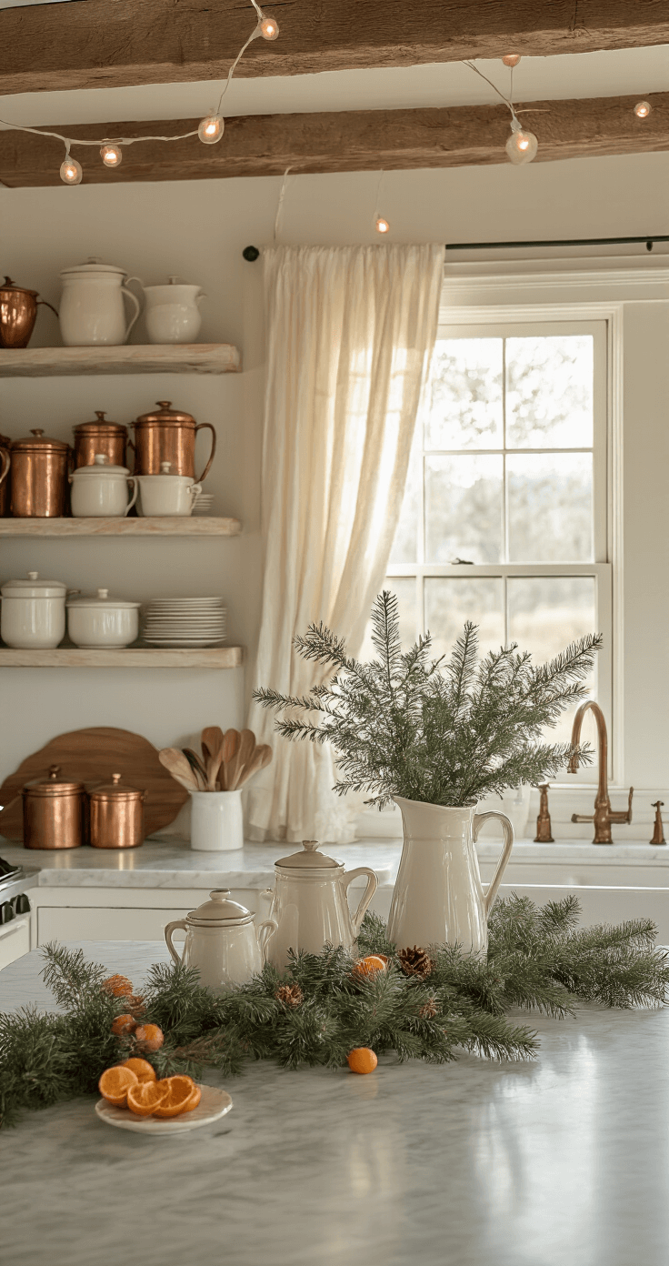 Farmhouse Christmas Decor: Create a Cozy, Vintage-Inspired Holiday Haven Intimate farmhouse kitchen at dawn featuring a marble island adorned with pine garland and dried orange slices, vintage ironstone pitchers with eucalyptus, open shelving of cream and copper cookie tins, and warm white lights strung across exposed wooden beams, all illuminated by soft morning light filtering through cafe curtains.