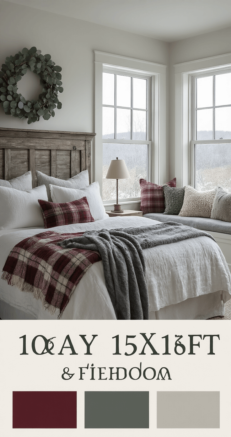 Farmhouse Christmas Decor: Create a Cozy, Vintage-Inspired Holiday Haven Cozy main bedroom at twilight featuring a king bed with white linen and red plaid throws, a vintage ladder displaying quilts, a window seat with knit pillows overlooking a snowy landscape, and a preserved eucalyptus wreath above a salvaged headboard, all illuminated by soft, moody lighting.