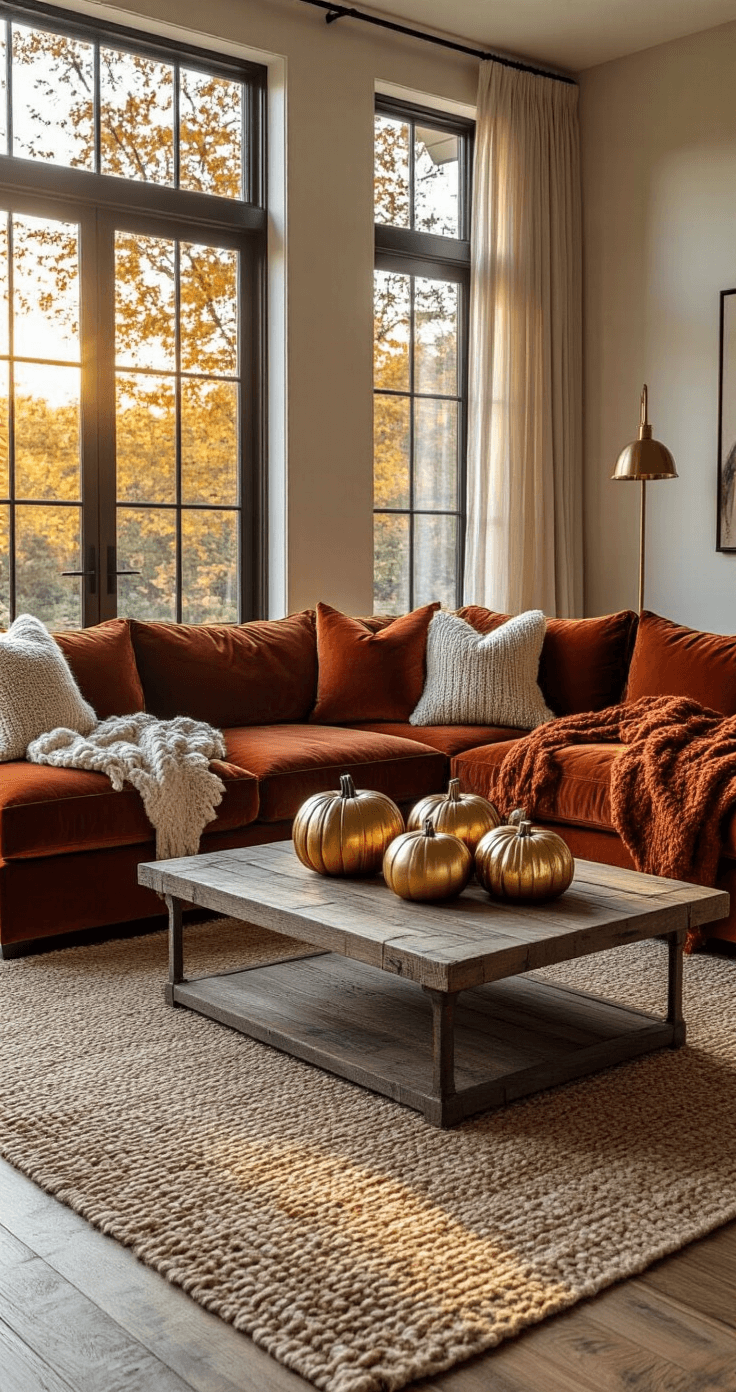 Cozy Fall Room Decor: Transform Your Space with Autumn Warmth and Style A cozy living room at golden hour featuring a rust-colored velvet sectional with chunky knit throws, a weathered oak coffee table adorned with metallic and velvet pumpkins, layered jute and Persian rugs, and a brass floor lamp, all illuminated by sunlight streaming through floor-to-ceiling windows.