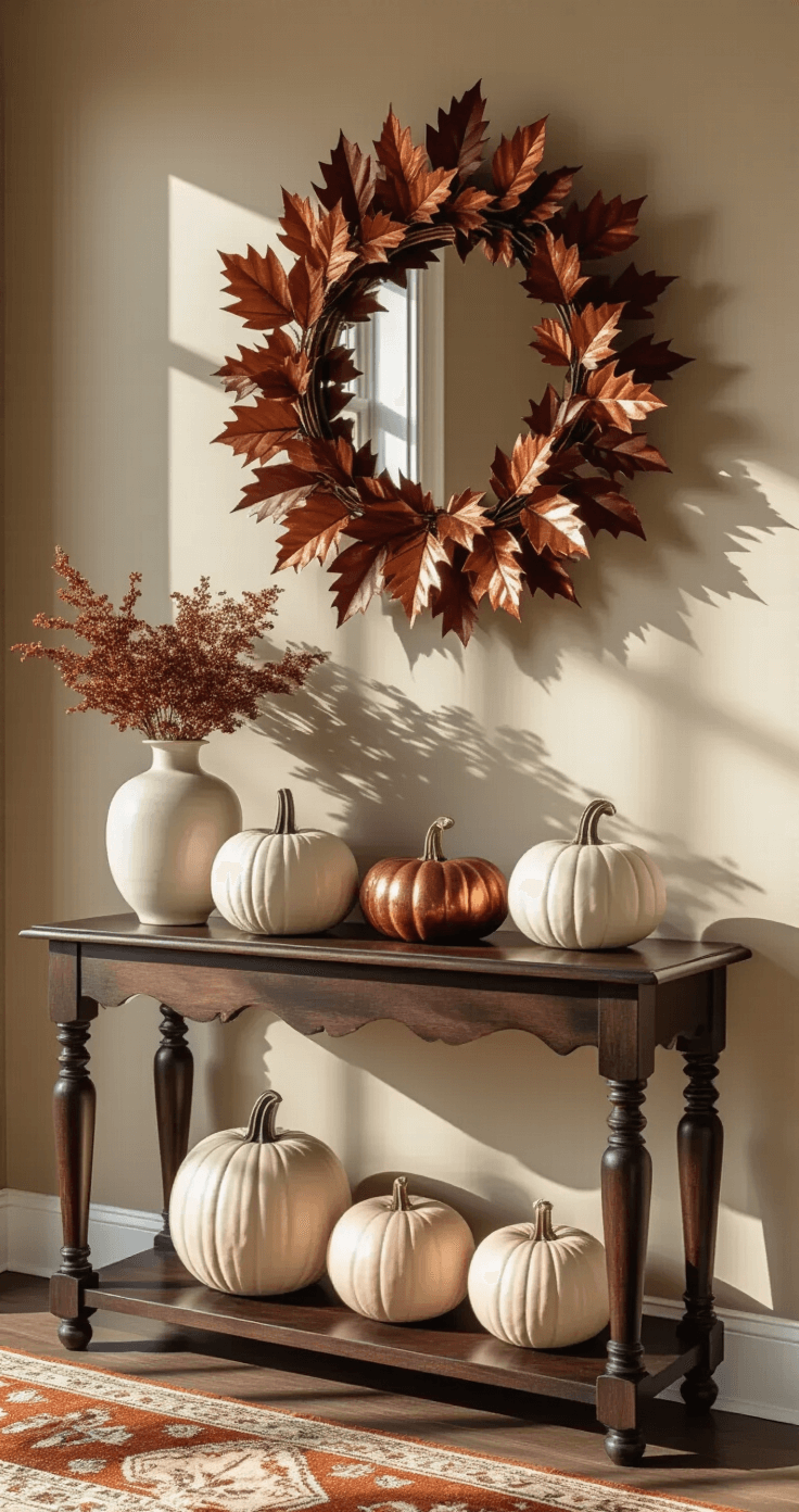 Cozy Fall Room Decor: Transform Your Space with Autumn Warmth and Style Intimate entryway featuring a vintage dark walnut console table against a warm greige wall, illuminated by dramatic morning light. An oversized copper and burgundy maple leaf wreath casts shadows, while a collection of matte cream and copper metallic ceramic pumpkins in varying sizes adorn the table. A vintage brass mirror reflects the natural light, complemented by a Turkish runner in rust and ochre tones, captured from a low angle to emphasize height variation.