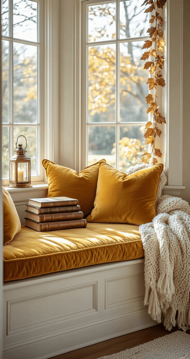 Cozy Fall Room Decor: Transform Your Space with Autumn Warmth and Style A cozy reading nook bathed in morning light, featuring a bay window with a mustard yellow velvet cushioned bench, vintage leather books, a weathered copper lantern, and a chunky cream wool throw, all framed by a copper and gold leaf garland against warm white walls.