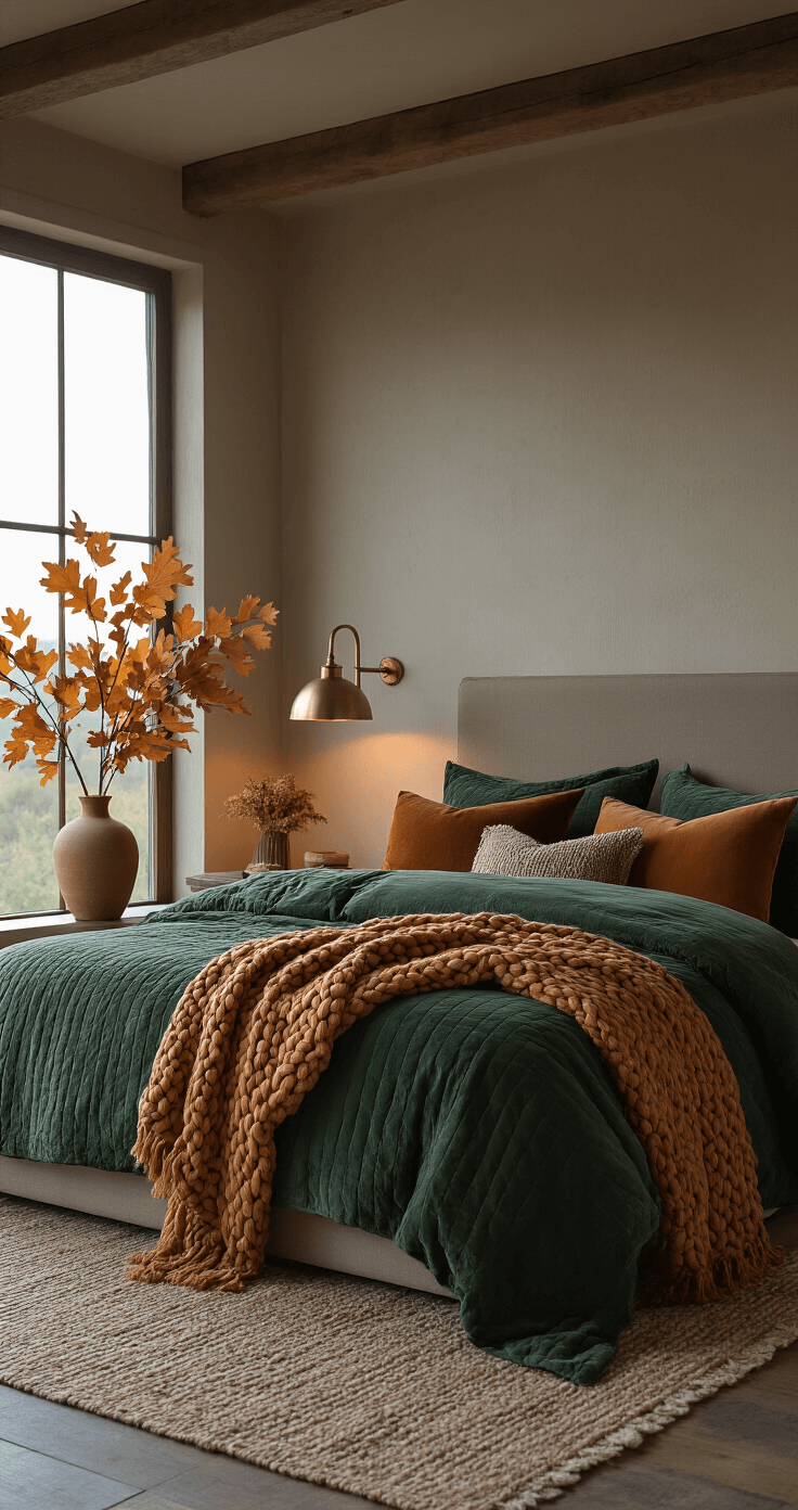 Cozy Fall Room Decor: Transform Your Space with Autumn Warmth and Style A wide-angle view of a master bedroom at dusk, featuring a king bed dressed in a deep forest green quilted velvet duvet, a caramel chunky knit throw, and assorted fall-toned pillows. Vintage brass table lamps provide a warm glow, while a tall ceramic vase holds a dried oak leaf arrangement, creating a moody and romantic atmosphere with soft fading light.