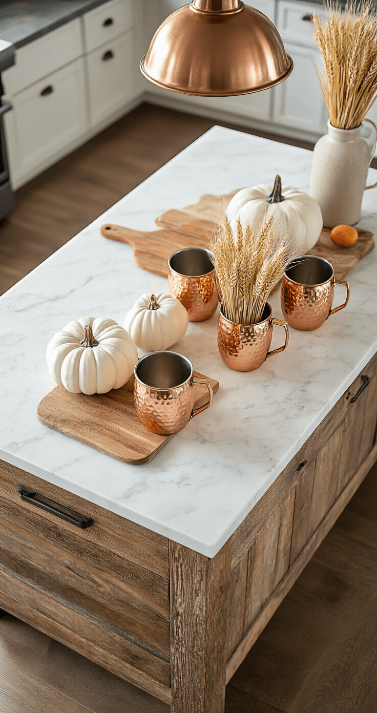 Cozy Fall Room Decor: Transform Your Space with Autumn Warmth and Style Close-up of a rustic kitchen island with a white marble top, styled with a fall vignette featuring copper Moscow mule mugs with wheat stalks, ceramic white pumpkins, and vintage cutting boards, all illuminated by warm overhead pendant lighting.