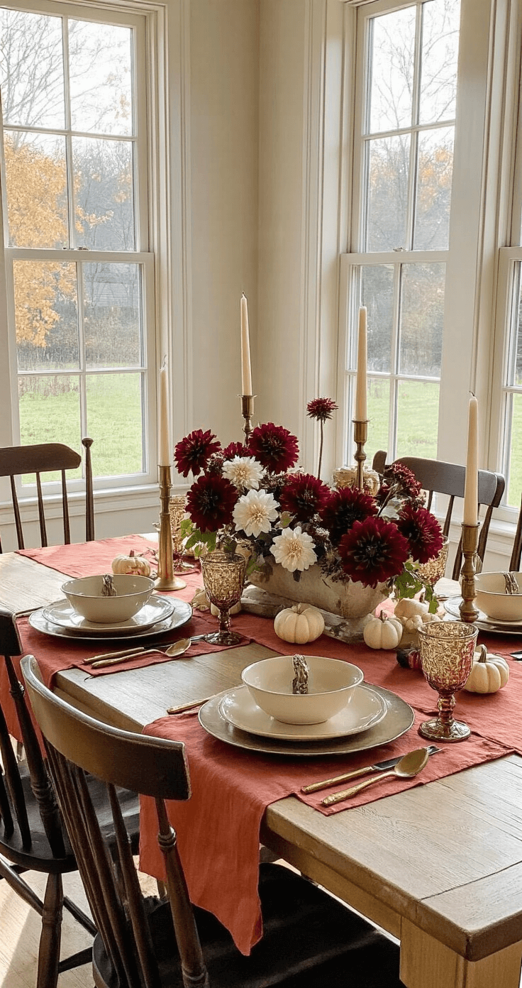 Cozy Fall Room Decor: Transform Your Space with Autumn Warmth and Style A beautifully arranged dining room tablescape featuring a rustic farmhouse table adorned with rust linen runners, bronze chargers, and cream stoneware. The centerpiece includes graduated brass candlesticks and burgundy dahlias surrounded by scattered mini white pumpkins, all set among vintage dark walnut Windsor chairs. The afternoon light creates soft shadows, enhancing the organic arrangement at table height.