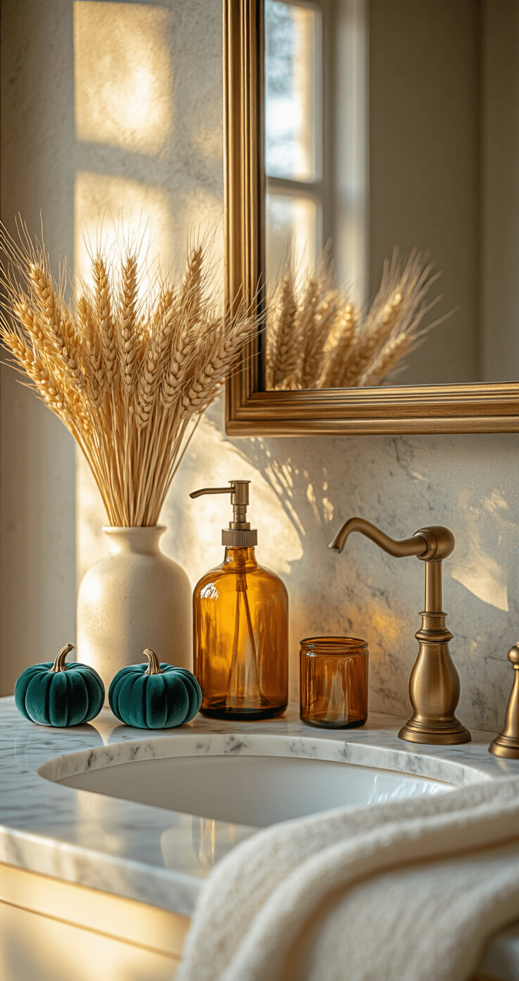 Cozy Fall Room Decor: Transform Your Space with Autumn Warmth and Style Bathroom vanity featuring a marble countertop with antique brass fixtures, adorned with amber glass vessels and a ceramic vase of dried wheat. Mini velvet pumpkins in deep teal complement the scene, while a vintage gold mirror reflects warm golden light. Textured ivory hand towels add contrast, captured straight on with a shallow depth of field emphasizing the textures.