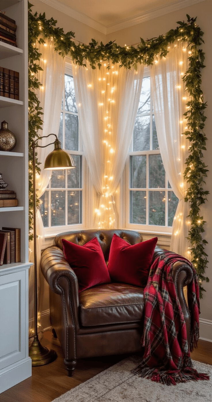 Transforming Your Home into a Festive Wonderland: The Ultimate Christmas Decor Guide A cozy reading nook at dusk featuring a bay window adorned with fairy lights and gauzy curtains. An oversized leather armchair with red velvet pillows and a tartan throw sits beside a vintage brass floor lamp. White built-in shelves showcase greenery garlands, vintage books, and mercury glass ornaments, all framed by a natural pine garland. The image captures a low-angle view from the corner, emphasizing warmth and texture with twinkling lights in soft focus.