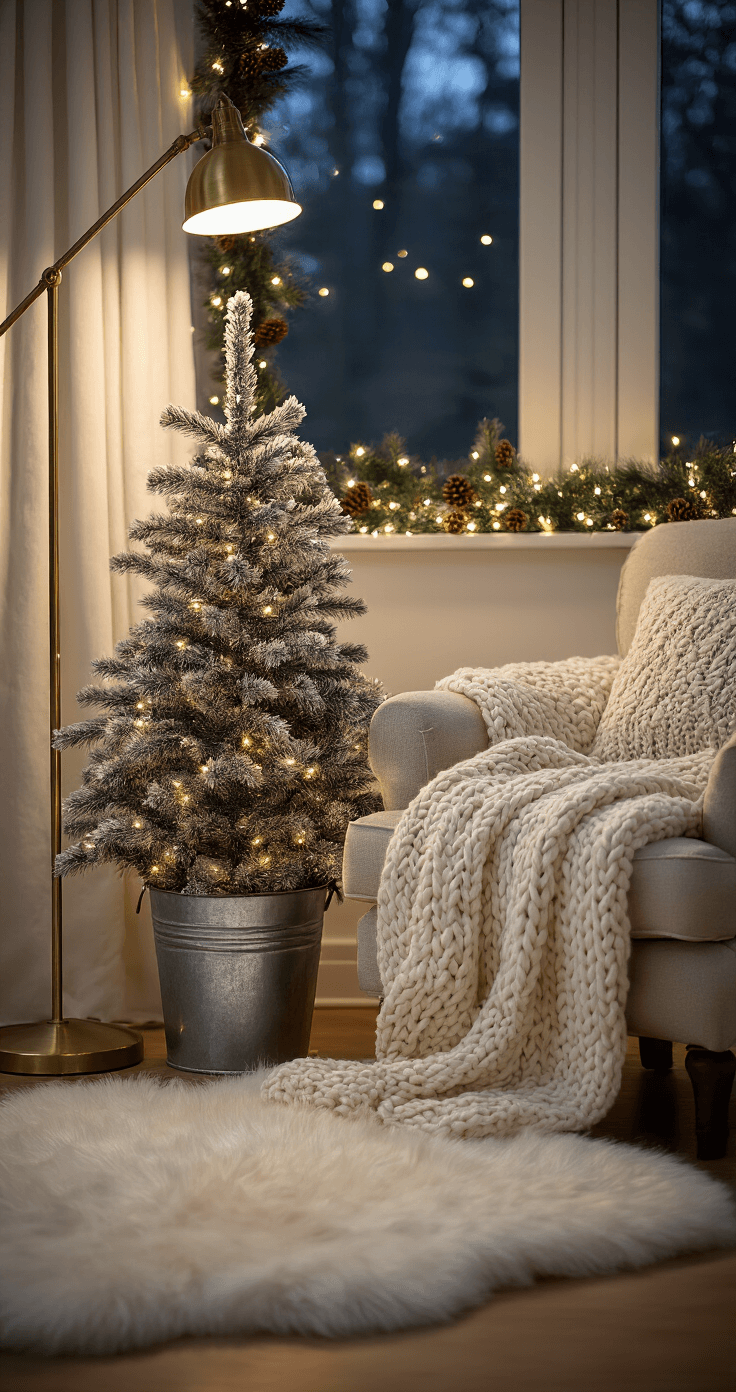 Transforming Your Home into a Festive Wonderland: The Ultimate Christmas Decor Guide Cozy bedroom corner at night featuring a chunky knit ivory throw on an upholstered reading chair, a small flocked tree with cool white lights in a galvanized bucket, and a brass reading lamp casting warm light. A white sheepskin rug layers over hardwood floors, with a window adorned with pinecone garland and twinkle lights, creating an intimate and textured atmosphere with dramatic shadows.