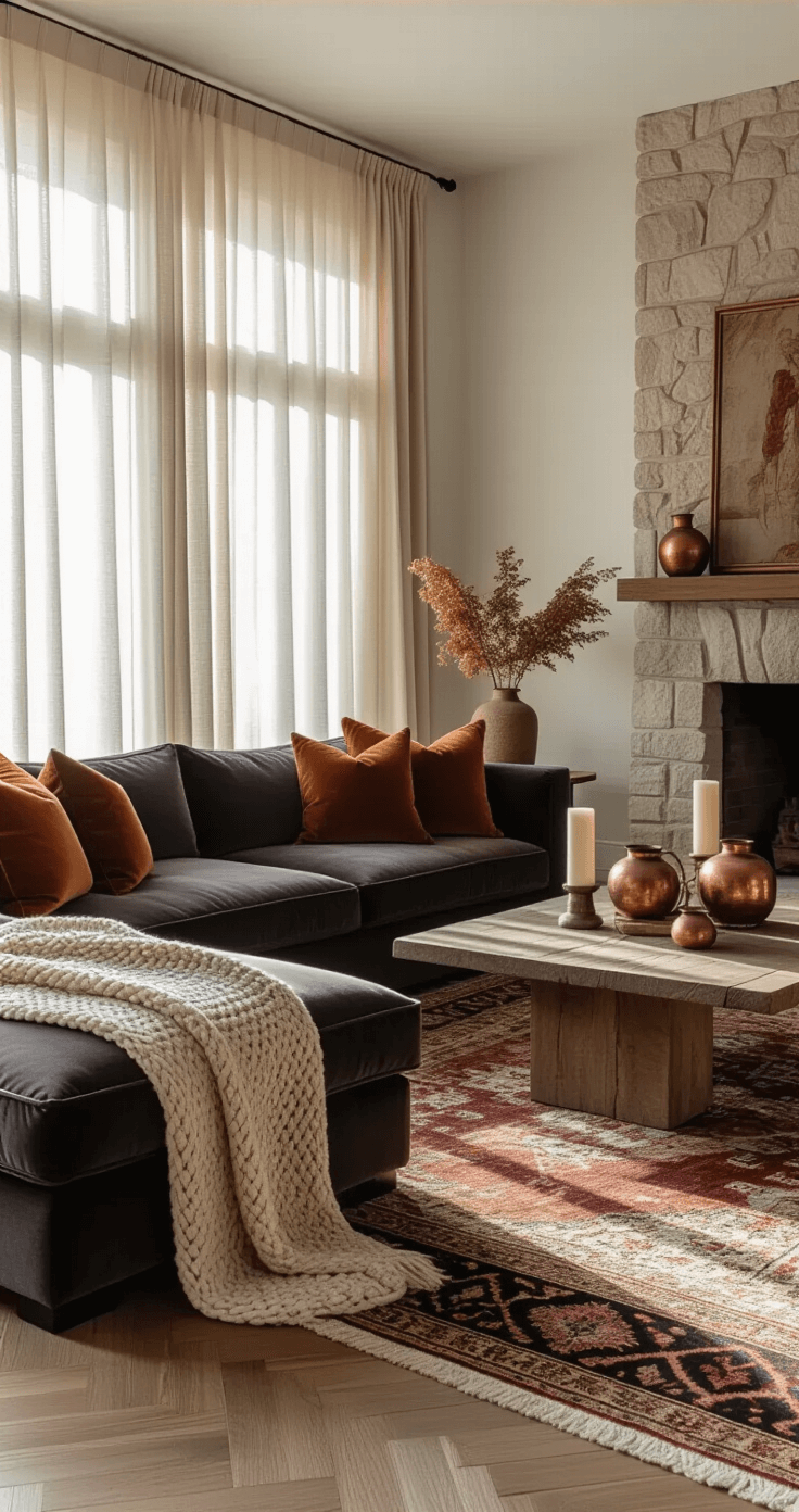 Cozy Fall Home Decor: Transform Your Space with Warmth and Style A wide-angle shot of a 20x24ft living room bathed in golden hour sunlight, featuring a charcoal velvet sectional with rust and olive pillows, oak herringbone floors, a vintage-inspired Persian rug, and a stone fireplace adorned with copper vessels and candles. A chunky knit throw drapes over the sofa arm, creating a warm and inviting atmosphere.