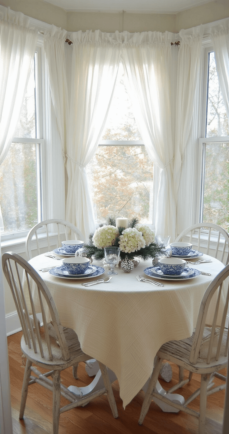 A Magical Christmas Dining Table Decor: Your Ultimate Guide to Festive Entertaining Intimate Christmas morning breakfast nook featuring a round pedestal table with a cream linen tablecloth, adorned with a low arrangement of blue spruce, white hydrangeas, and silver ornaments in a mercury glass bowl. Vintage blue and white china is mixed with modern silver chargers at each place setting, scattered silver votives, and crystallized pinecones add sparkle, all bathed in soft early morning light from bay windows draped in sheer white curtains, captured from a slightly elevated angle.