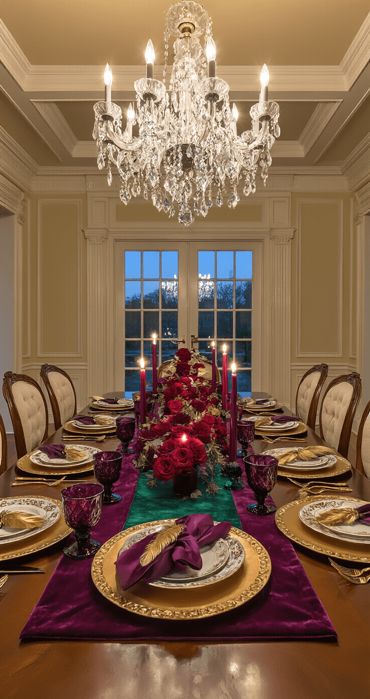 A Magical Christmas Dining Table Decor: Your Ultimate Guide to Festive Entertaining A grand 20x30 formal dining room at dusk, featuring a crystal chandelier illuminating a 16-foot mahogany table adorned with a jewel-toned tablescape of emerald velvet, amethyst glass vessels with deep red roses, plum-colored candles, and gold-dipped feathers, complemented by alternating gold and copper chargers with vintage cream and gold china, all set against a backdrop of a coffered ceiling and dramatic side lighting highlighting the room's architectural details.