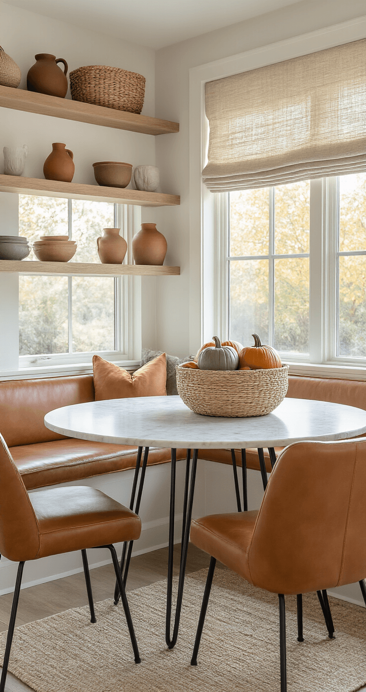 Cozy Fall Home Decor: Transform Your Space with Warmth and Style Modern kitchen nook featuring a round marble table and cognac leather chairs, illuminated by morning light streaming through a bay window, with a woven basket of heirloom pumpkins and artisanal pottery on floating shelves.
