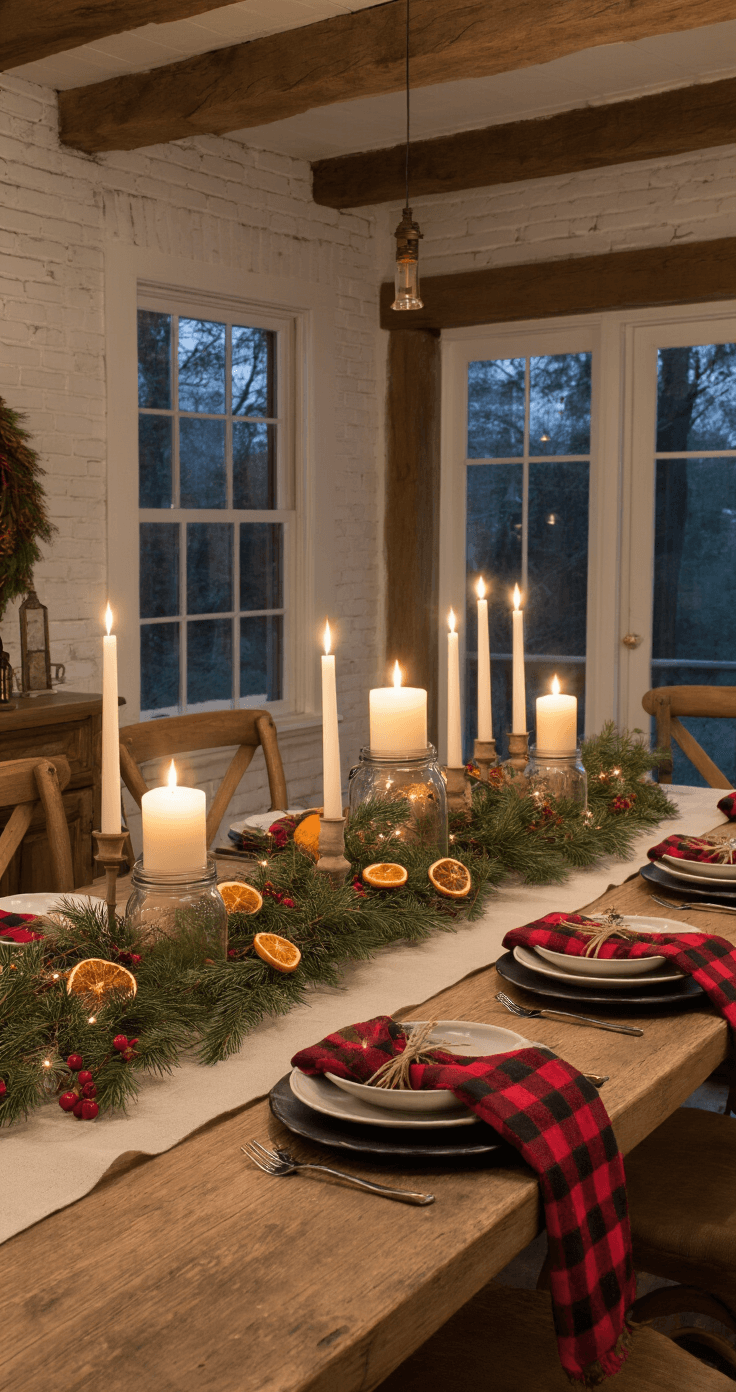 A Magical Christmas Dining Table Decor: Your Ultimate Guide to Festive Entertaining Cozy farmhouse dining space at twilight featuring a rustic harvest table with a linen runner, pine garland, dried oranges, and red berries, illuminated by vintage mason jars with candles and mixed lighting, creating a warm, inviting atmosphere.