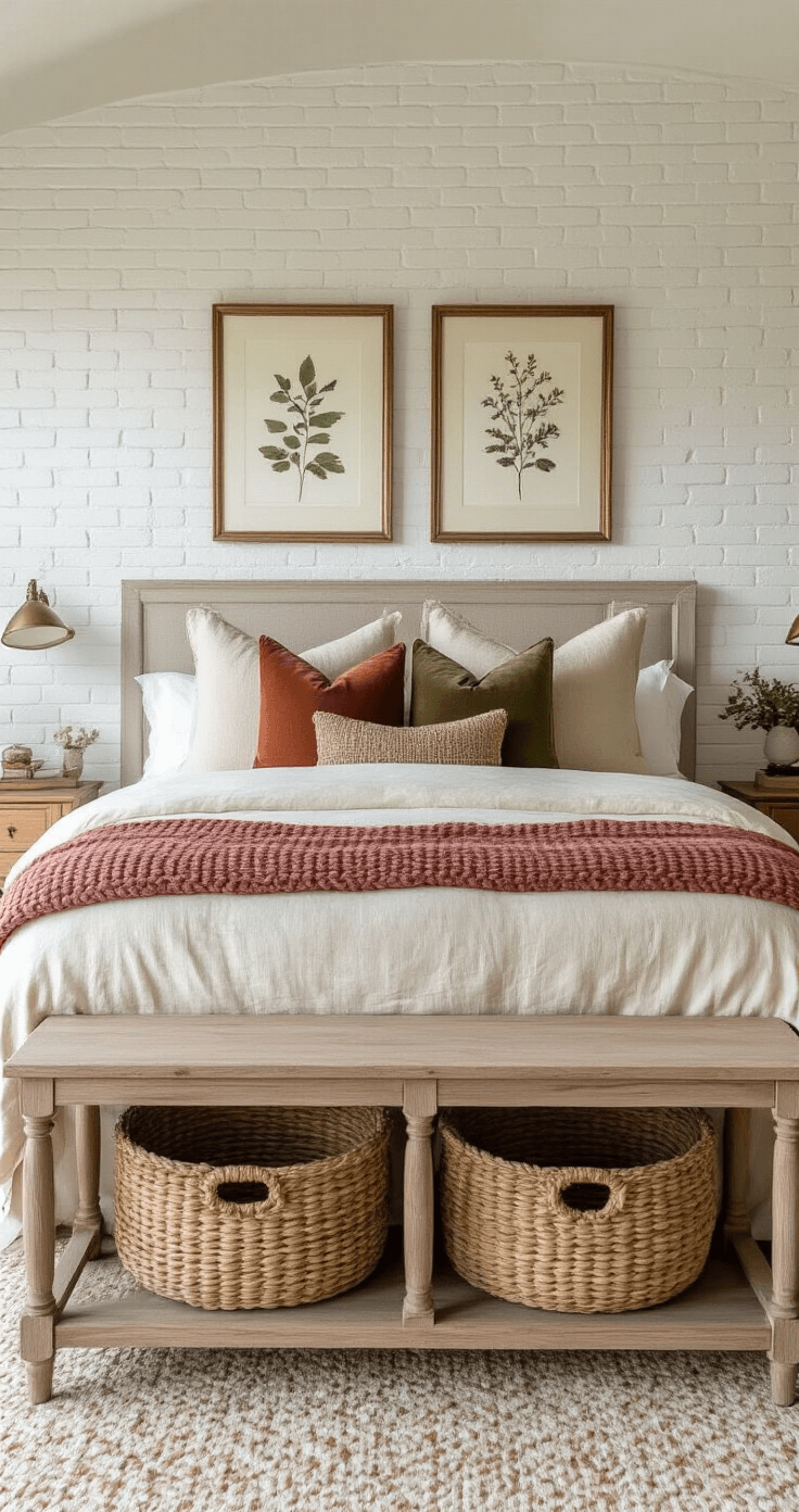 Cozy Fall Home Decor: Transform Your Space with Warmth and Style A cozy master bedroom vignette featuring a king bed adorned with a cream linen duvet, a chunky terracotta knit throw, and mixed fall-toned pillows, set against a whitewashed brick accent wall with botanical art. Beneath a vintage pine console, woven water hyacinth baskets add texture, all softly illuminated by early morning light.