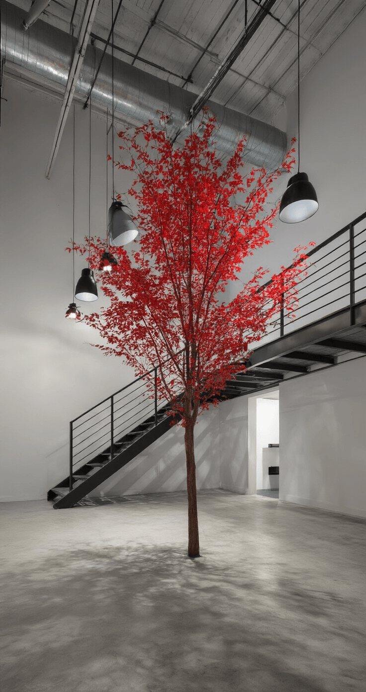 Bold & Brilliant: Styling a Red Christmas Tree That Transforms Your Holiday Decor A contemporary loft space at night, featuring a 6ft red tree surrounded by minimalist black decor, dramatic shadows from industrial pendant lights, and a floating steel staircase in the background, all set against high ceilings with exposed ductwork and concrete floors.