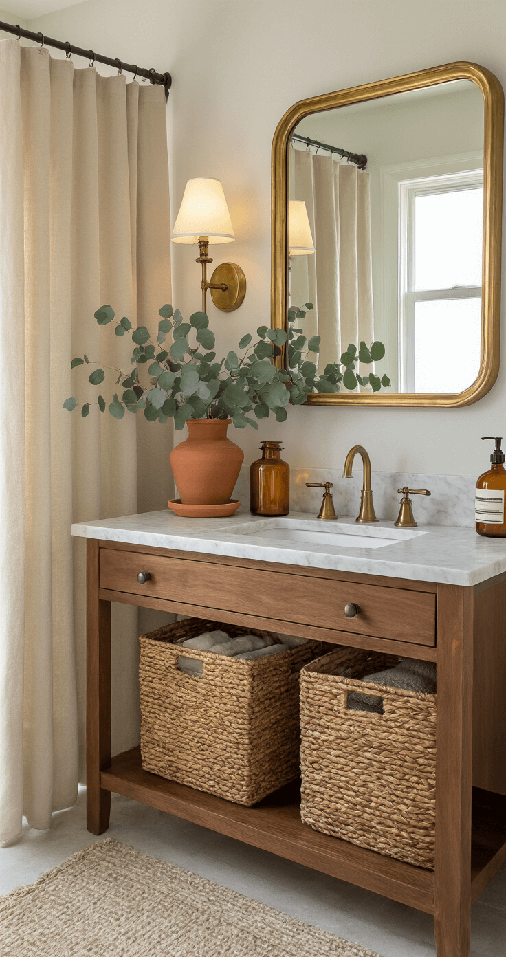 Cozy Fall Home Decor: Transform Your Space with Warmth and Style A cozy bathroom styled in warm walnut and marble, featuring amber glass jars, woven baskets, and a vintage brass mirror, all bathed in soft afternoon light from a frosted window, with a natural cotton shower curtain and a terra cotta planter holding cascading eucalyptus.