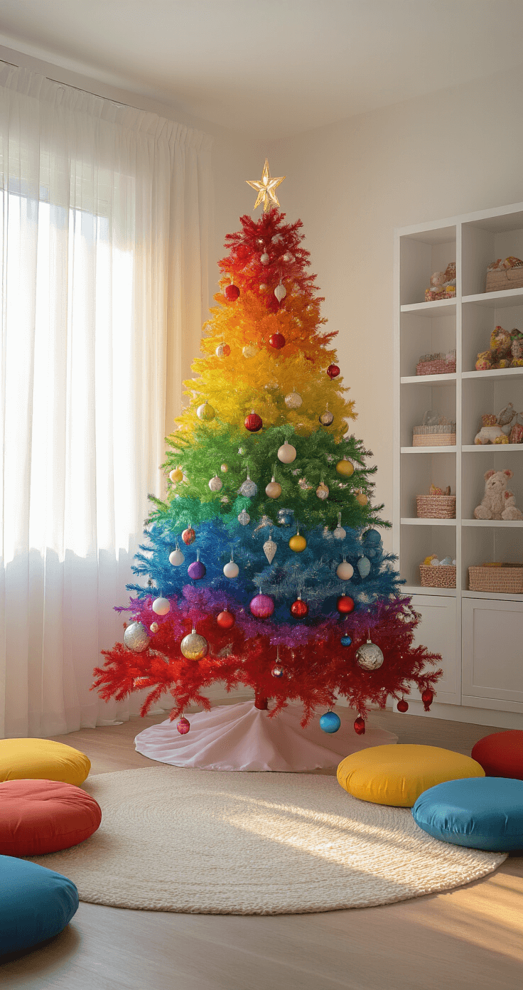 Magical Themed Christmas Trees: Transform Your Holiday Decor with Stunning Storytelling Designs Cozy children's playroom with a rainbow-themed Christmas tree at the center, decorated with vibrant ornaments in ROYGBIV sequence, illuminated by warm golden hour light filtering through sheer curtains.