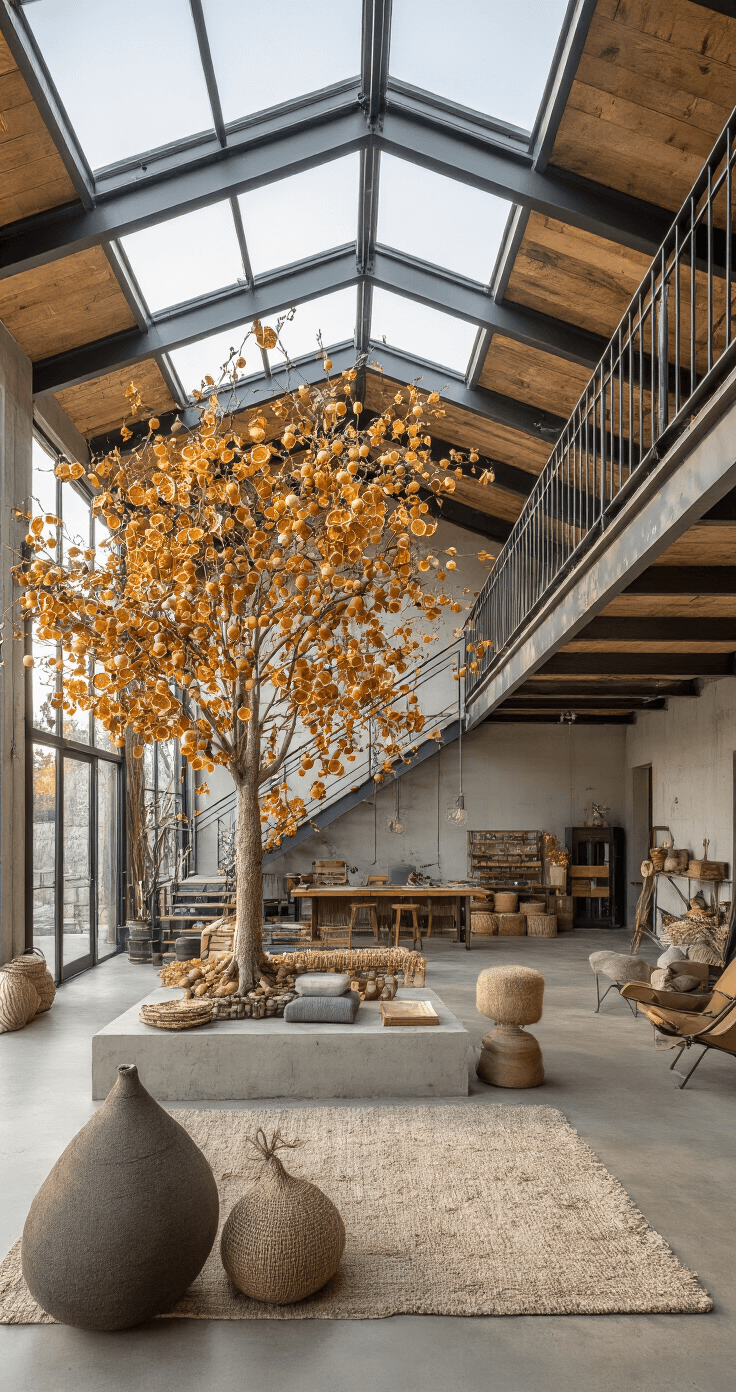 Magical Themed Christmas Trees: Transform Your Holiday Decor with Stunning Storytelling Designs A modern farmhouse-inspired open-concept space with a 30x40ft layout, illuminated by golden hour light through skylights. A 9ft decorated tree featuring dried orange slices, cinnamon sticks, wooden beads, and felt ornaments stands near an industrial steel staircase. The image is captured from a mezzanine level, showcasing the mixed textures of concrete, wood, and metal in the design.