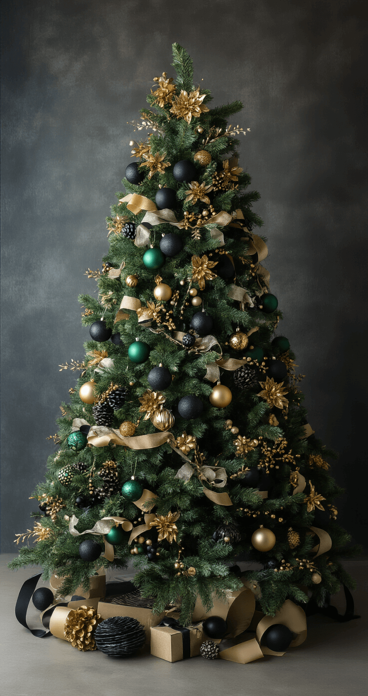 Magical Themed Christmas Trees: Transform Your Holiday Decor with Stunning Storytelling Designs A professional studio setup featuring an 8ft decorative tree against a dark gray backdrop, adorned with deep emerald, gold, and black ornaments, layered with ribbons, beads, and botanical elements, captured with controlled lighting and an 85mm lens for a clean, editorial look.