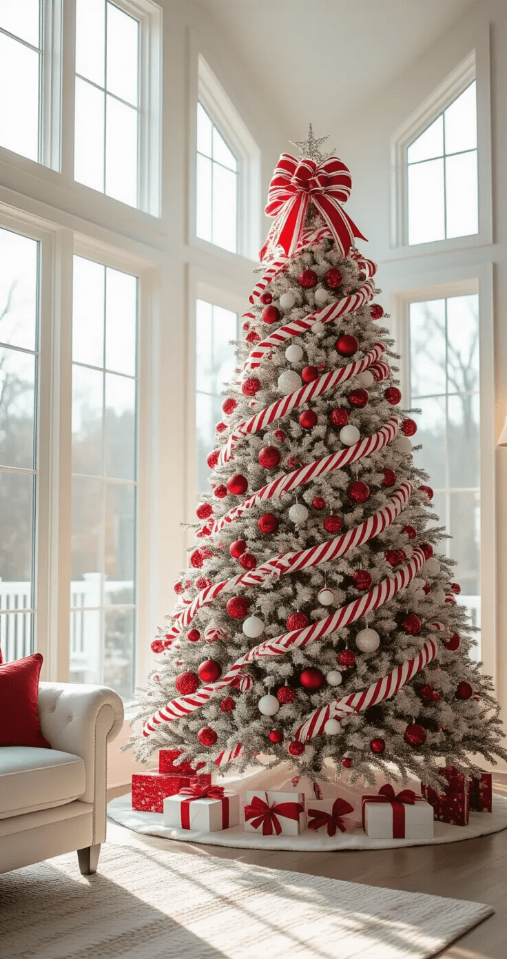 Magical Candy Cane Christmas Tree: Your Ultimate Festive Styling Guide A bright and airy 20x24ft living room with 12ft ceilings showcases a 9ft Christmas tree adorned with red and white striped ribbons, glossy baubles, and oversized candy cane ornaments. Natural light filters through floor-to-ceiling windows, creating a soft glow, while the background furniture is softly blurred for a dreamy effect.