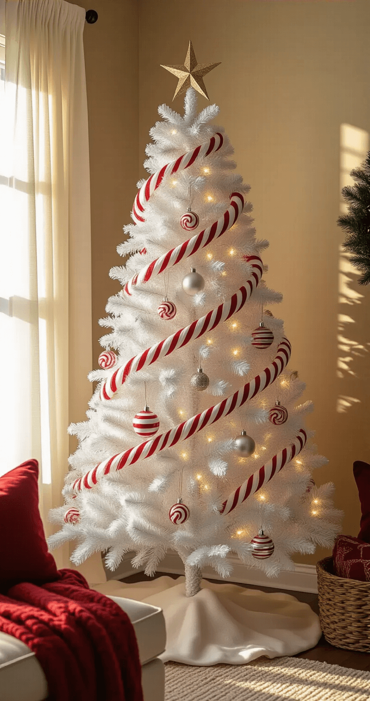 Magical Candy Cane Christmas Tree: Your Ultimate Festive Styling Guide A cozy family room corner at golden hour, featuring a 7ft white artificial tree decorated with a candy cane theme, surrounded by warm greige walls and sunlight casting long shadows through sheer curtains.