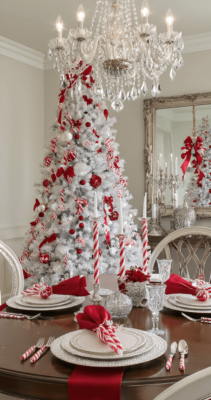 Magical Candy Cane Christmas Tree: Your Ultimate Festive Styling Guide An elegant formal dining room features an 8ft flocked tree adorned with candy cane elements, a crystal chandelier casting light on metallic red and white ornaments, and a table set with candy cane inspired chargers. The scene is captured from dining table height, reflecting in an antique mirror, showcasing a glamorous atmosphere.