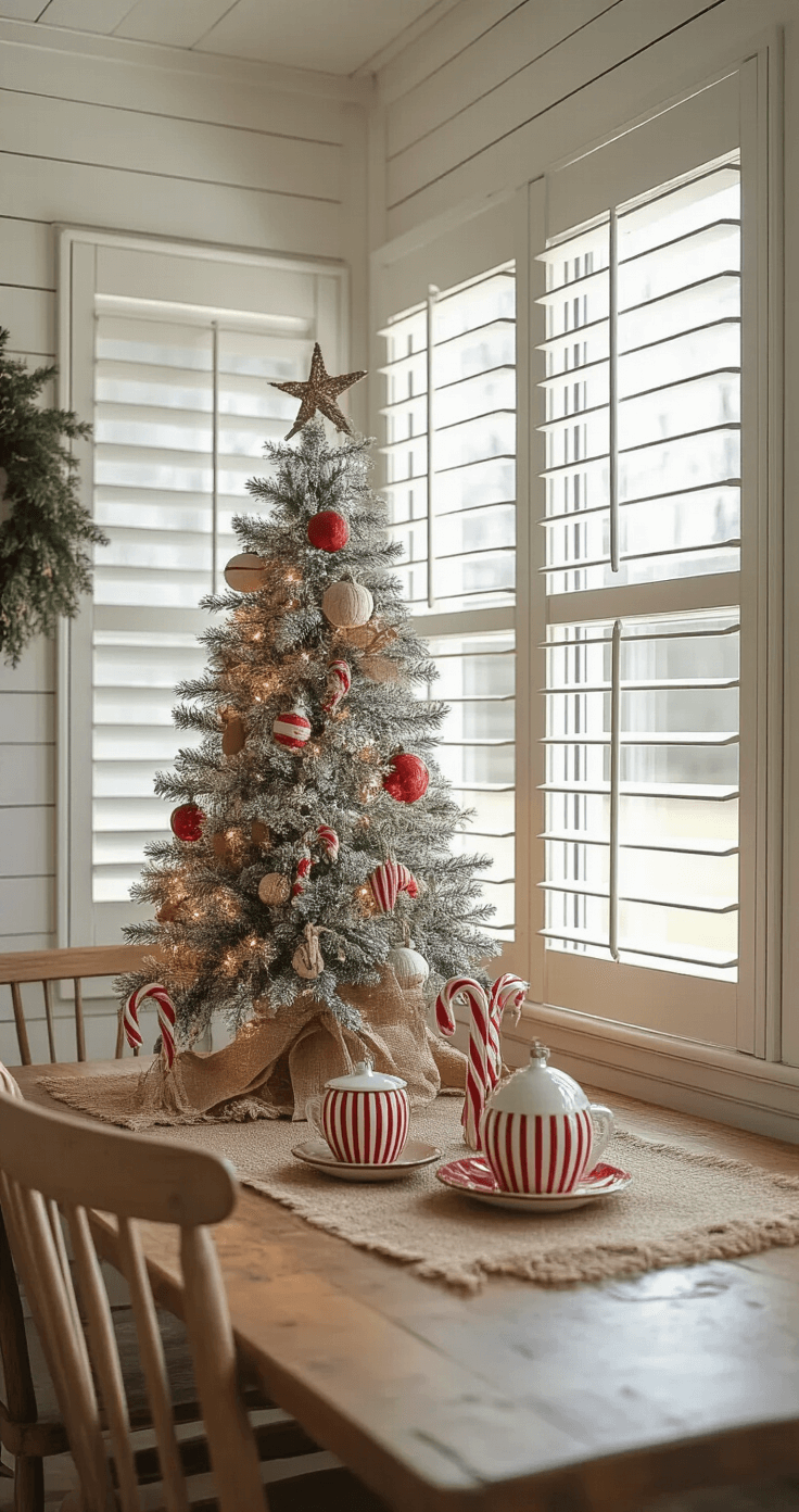 Magical Candy Cane Christmas Tree: Your Ultimate Festive Styling Guide Rustic farmhouse breakfast nook adorned with a 7ft Christmas tree, handcrafted ornaments, and vintage decor, illuminated by diffused morning light.