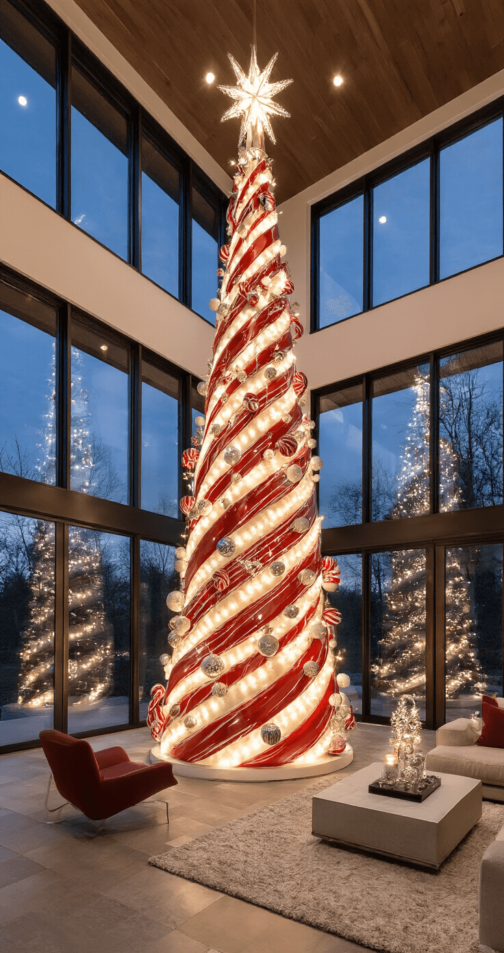 Magical Candy Cane Christmas Tree: Your Ultimate Festive Styling Guide Contemporary great room with a dramatic 10ft candy cane Christmas tree, oversized abstract candy cane sculptures, and sleek metallic ornaments. Evening setting enhanced by architectural lighting and reflective floor-to-ceiling windows, captured in a wide shot at 24mm with long exposure for ambient light balance.