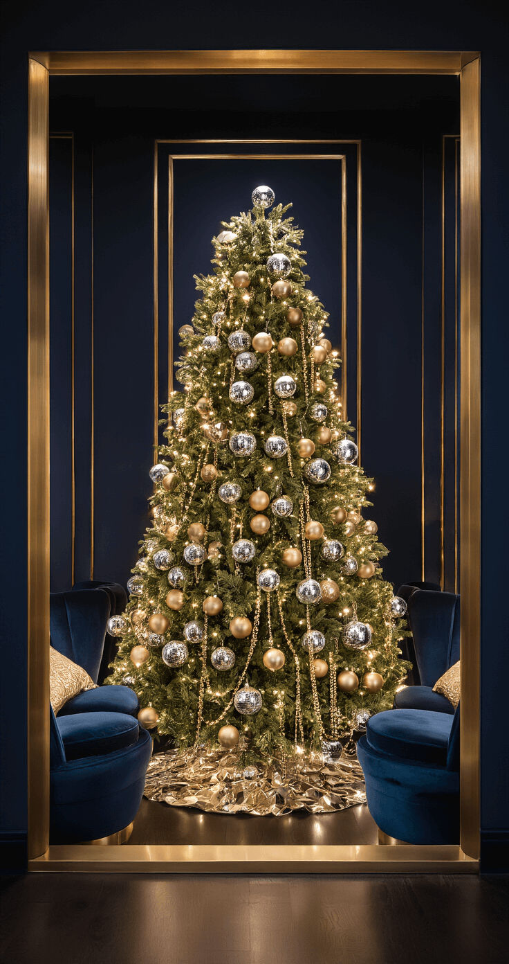 Glamorous Christmas Tree Decor 2025: Your Ultimate Styling Guide A cozy media room with dark navy walls and brass accents, featuring a 7.5ft slim artificial tree adorned with mirror ball ornaments and metallic chains, surrounded by mid-century modern velvet furniture in jewel tones, warmly illuminated for a glamorous evening atmosphere.