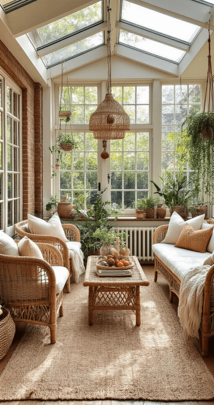 Glamorous Christmas Tree Decor 2025: Your Ultimate Styling Guide A sunlit bohemian sunroom featuring exposed brick and steel-framed windows, decorated with a Norfolk pine adorned with handmade ornaments and dried orange slices, surrounded by vintage rattan furniture with cream cushions and textured throws.
